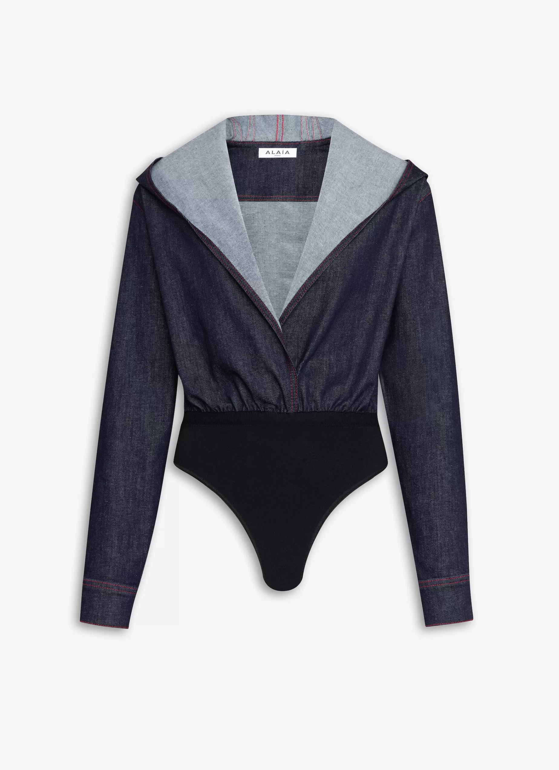 Alaïa BODY-SHIRT MIT KAPUZE AUS STRETCH- RAW-DENIM< Denim | Bodysuits & Leggings