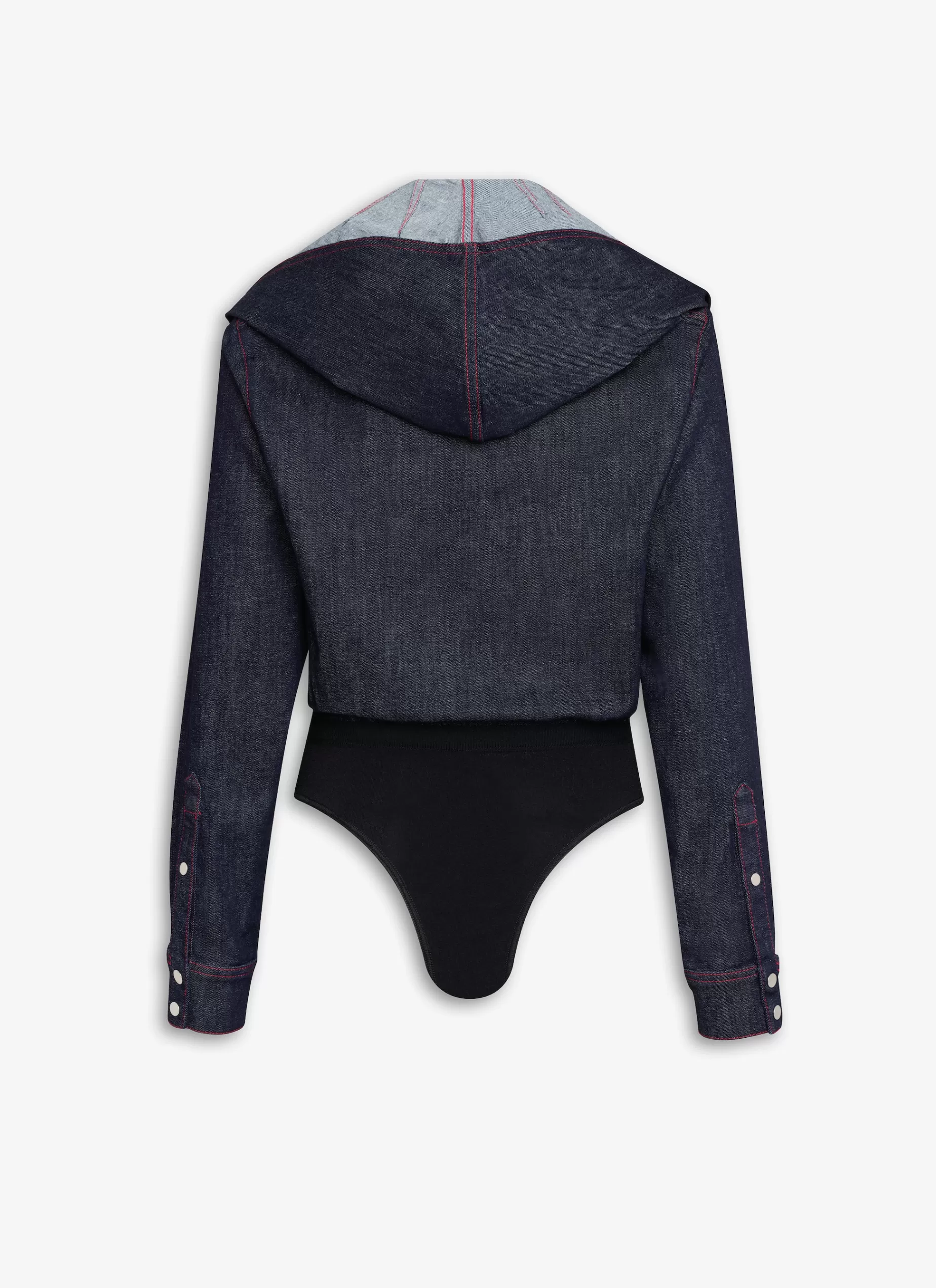 Alaïa BODY-SHIRT MIT KAPUZE AUS STRETCH- RAW-DENIM< Denim | Bodysuits & Leggings